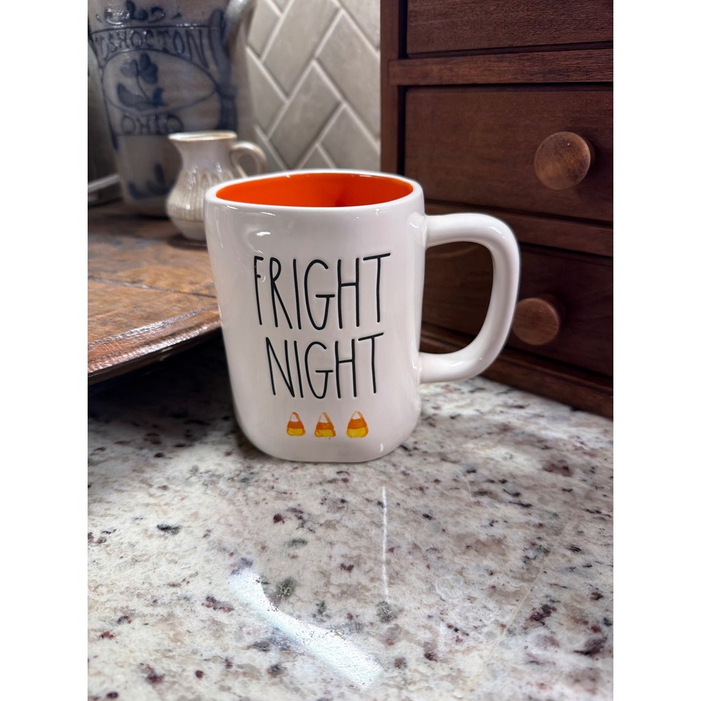 Rae Dunn FRIGHT NIGHT Halloween Mug Orange Interior Candy Corn